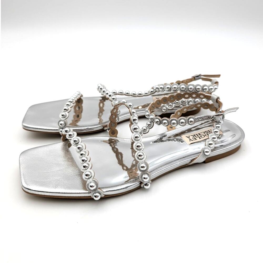 Badgley Mischka Cami Pearled Gladiator Flat Sandals Womens Silver Sz US7.5M EU38
